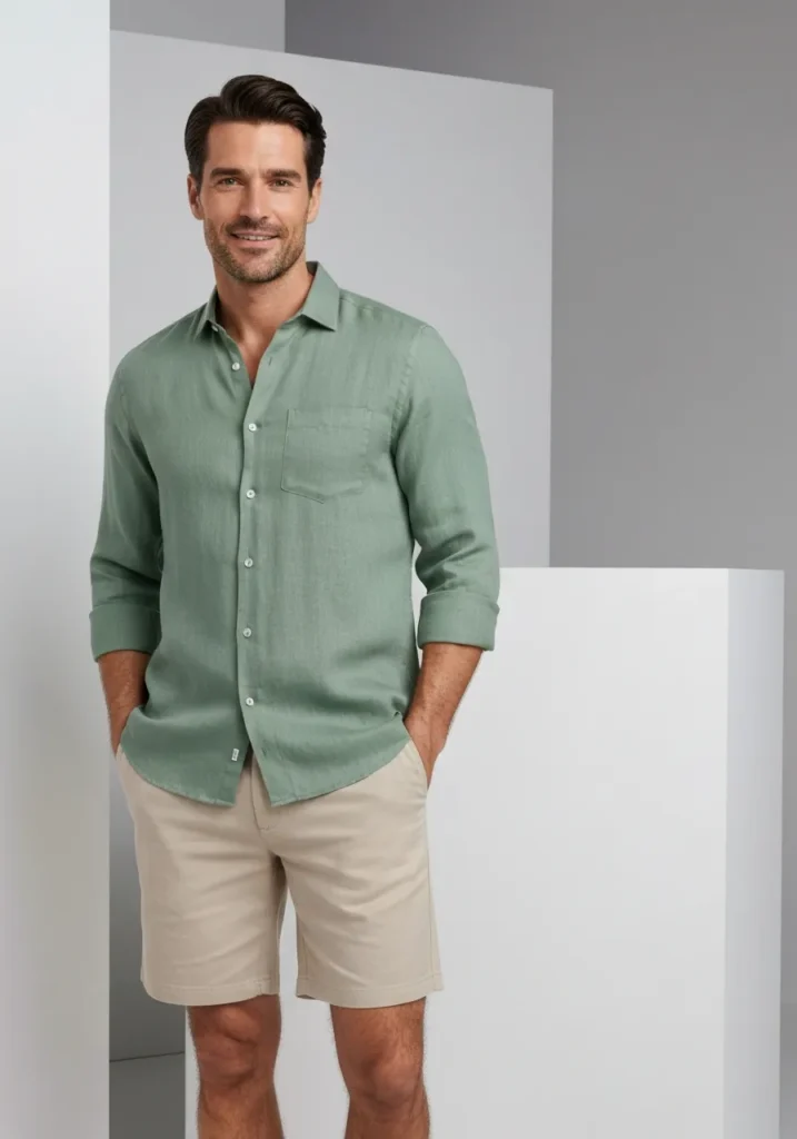 24 Men Linen Shirts to Stay Cool & Fresh 23 Sage Linen Shirt + Beige Shorts
