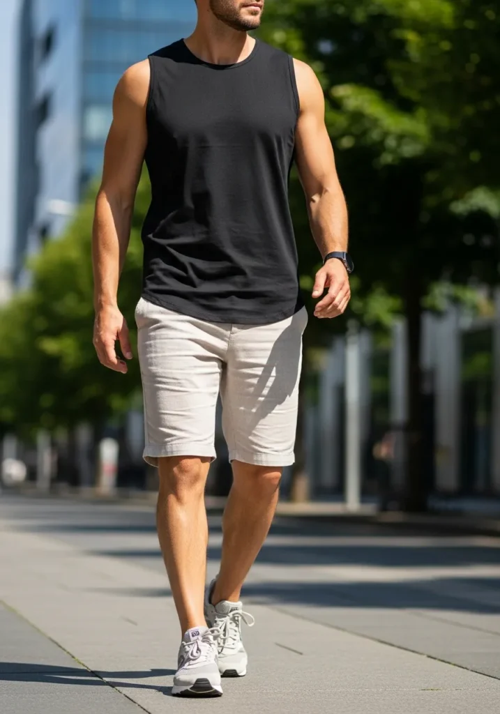 23 Linen Shorts Men Outfits for Summer 22 Sleeveless Tee + Linen Shorts