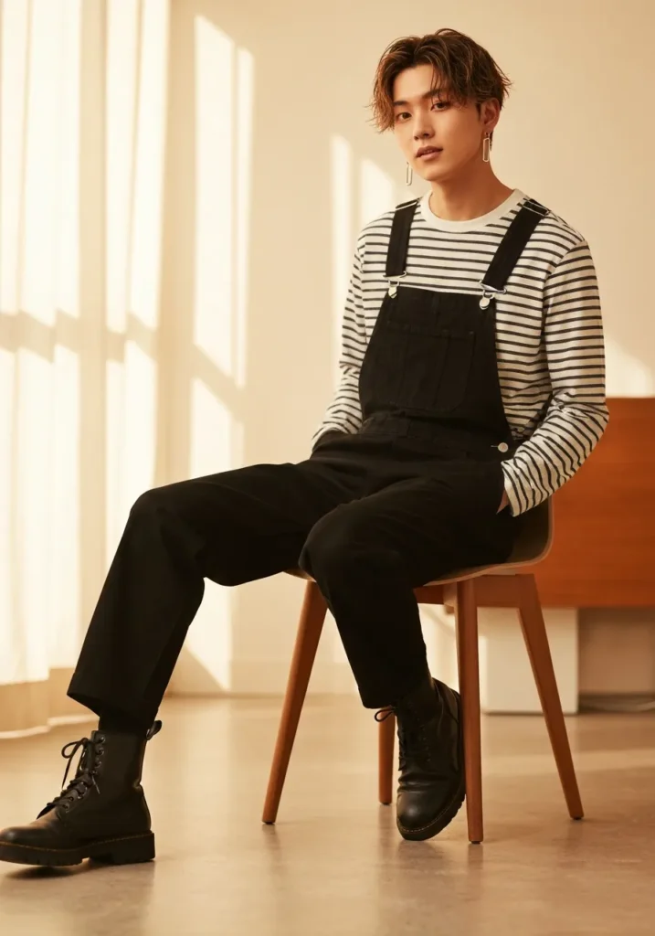 Striped Long Sleeve + Black Overalls
