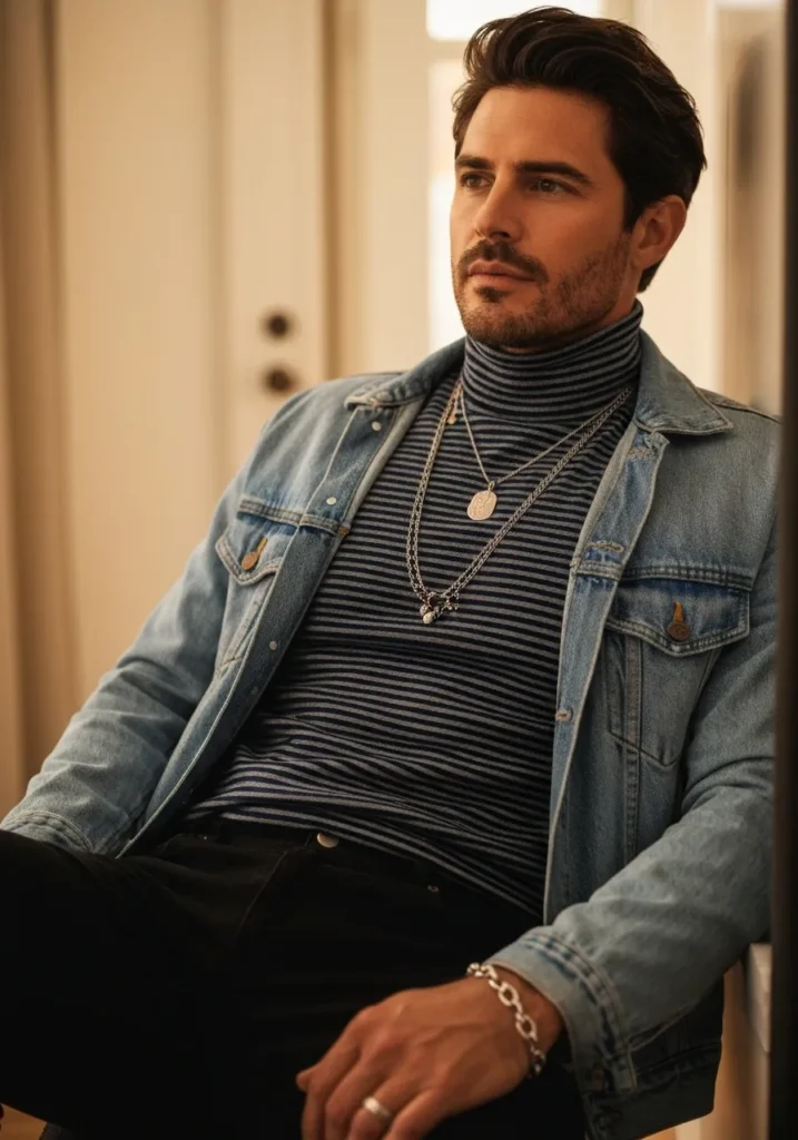 Striped Turtleneck + Denim Jacket
