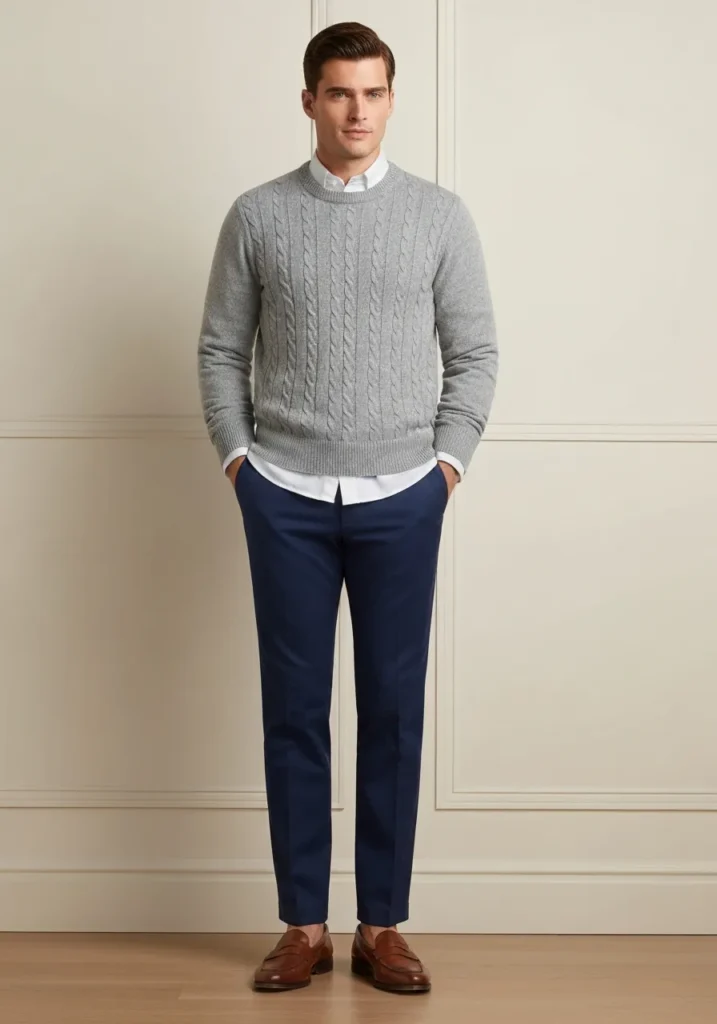 22 Classy Outfits Men Will Love to Try 7 Sweater Over Shirt + Trousers