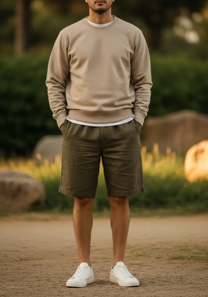 23 Linen Shorts Men Outfits for Summer 24 Sweatshirt + Linen Shorts