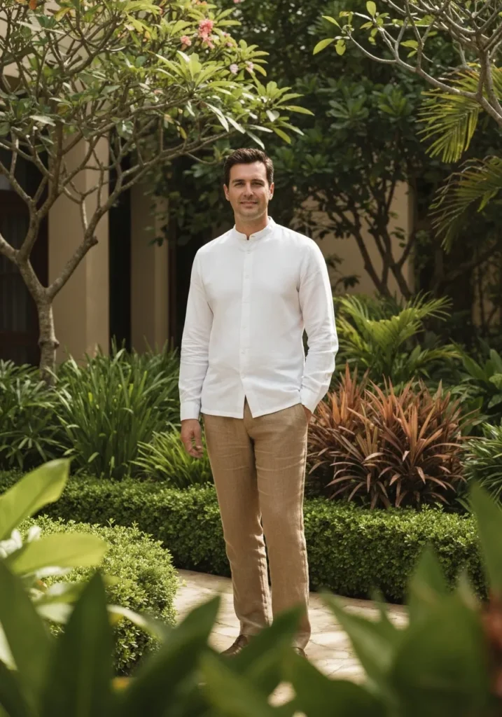 19 Men Linen Pants Outfits for Summer 15 Tan Linen Pants + Linen Mandarin Collar Shirt