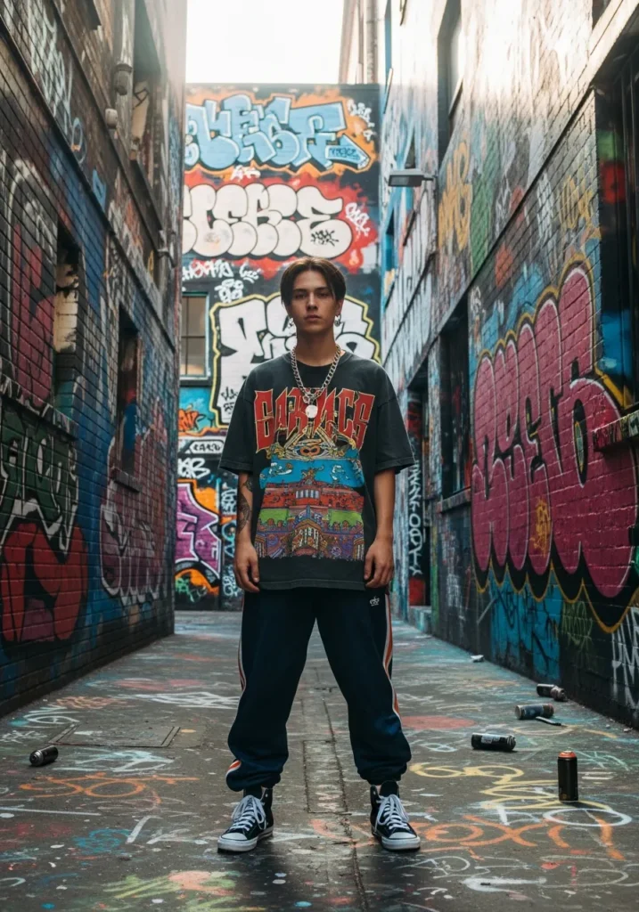 21 Bold Gangsta Style Outfits for Men 11 Tracksuit Bottoms + Oversized Graphic Tee