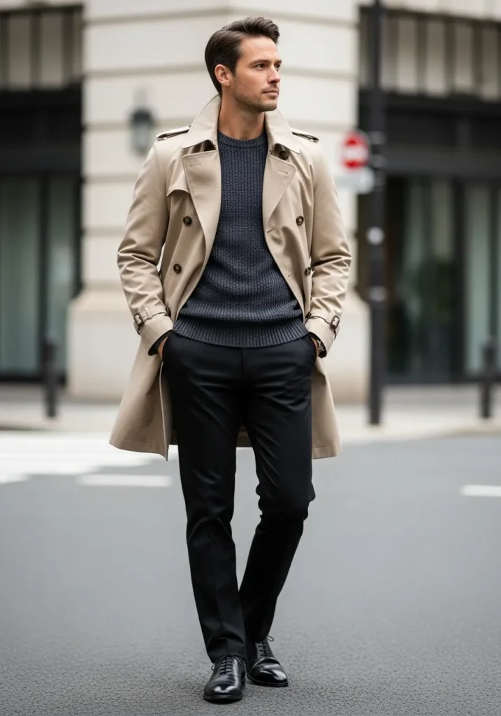 24 Stylish OOTD Ideas for Men to Stand Out 17 Trench Coat + Sweater
