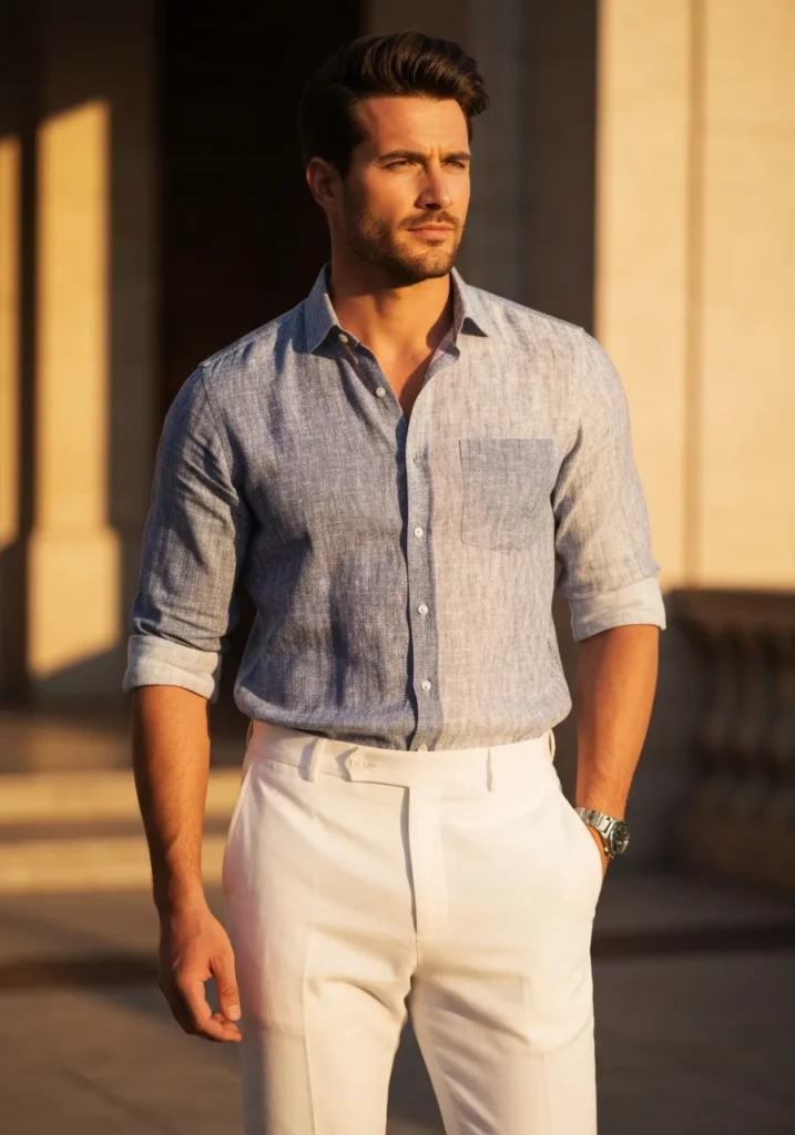 24 Men Linen Shirts to Stay Cool & Fresh 22 Two-Tone Linen Shirt + White Pants