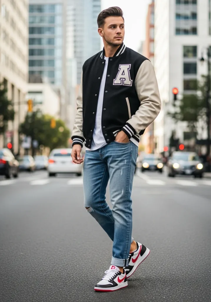24 Stylish OOTD Ideas for Men to Stand Out 18 Varsity Jacket + Jeans