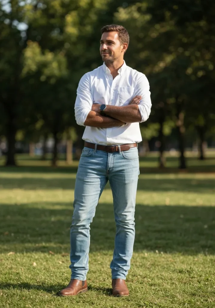 24 Stylish OOTD Ideas for Men to Stand Out 9 White Button-Up + Light Blue Jeans