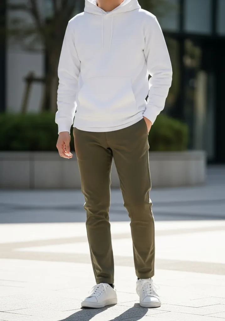 24 Stylish OOTD Ideas for Men to Stand Out 19 White Hoodie + Olive Pants