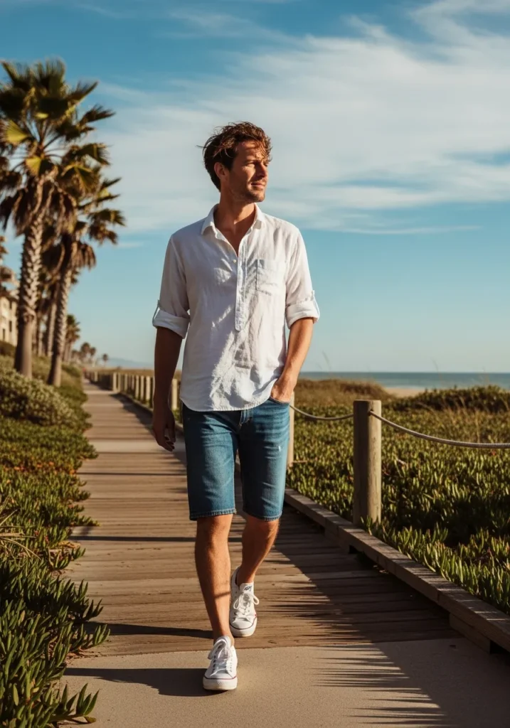 24 Men Linen Shirts to Stay Cool & Fresh 10 White Linen Shirt + Blue Denim Shorts