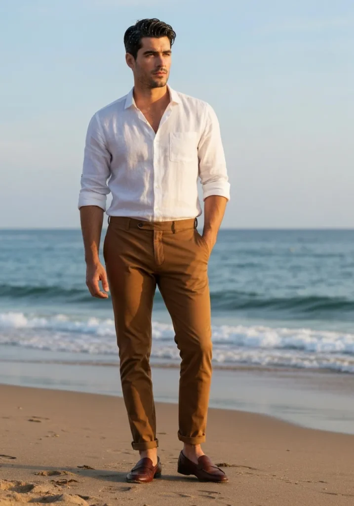 22 Classy Outfits Men Will Love to Try 9 White Linen Shirt + Khaki Pants
