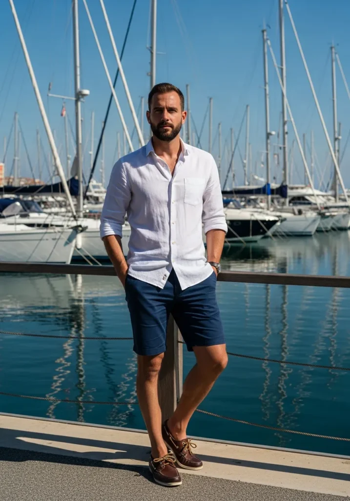 24 Men Linen Shirts to Stay Cool & Fresh 17 White Linen Shirt + Navy Shorts