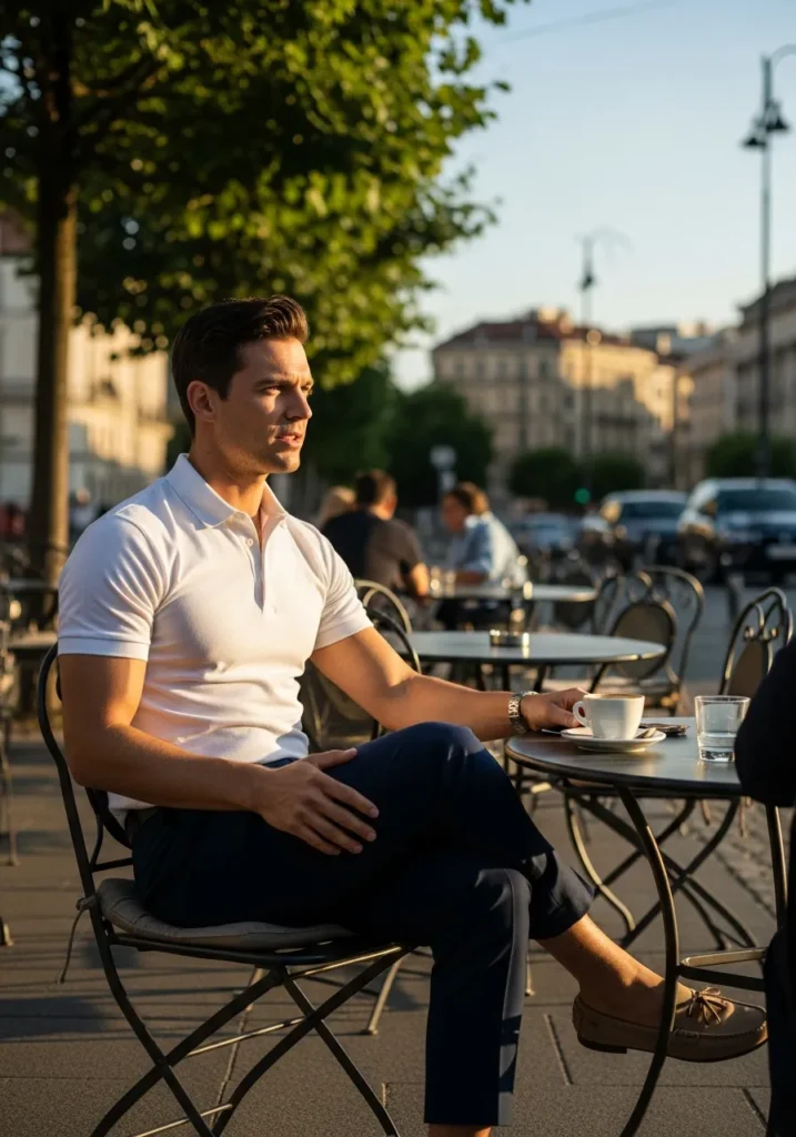 White Polo With Navy Trousers