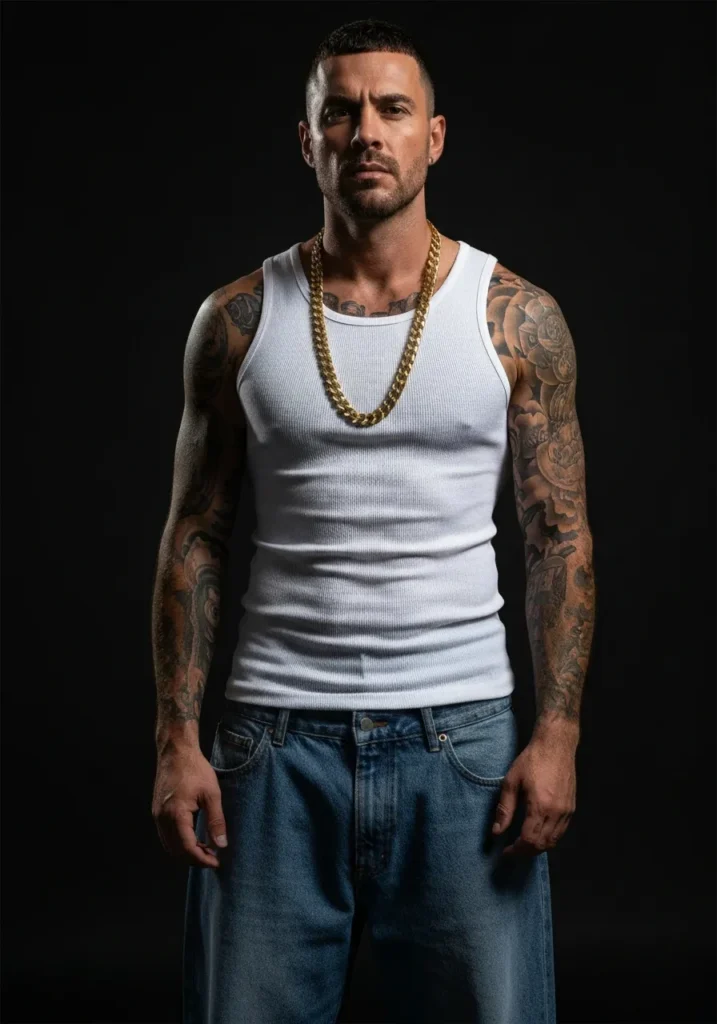 21 Bold Gangsta Style Outfits for Men 8 White Tank + Chain + Sagged Jeans