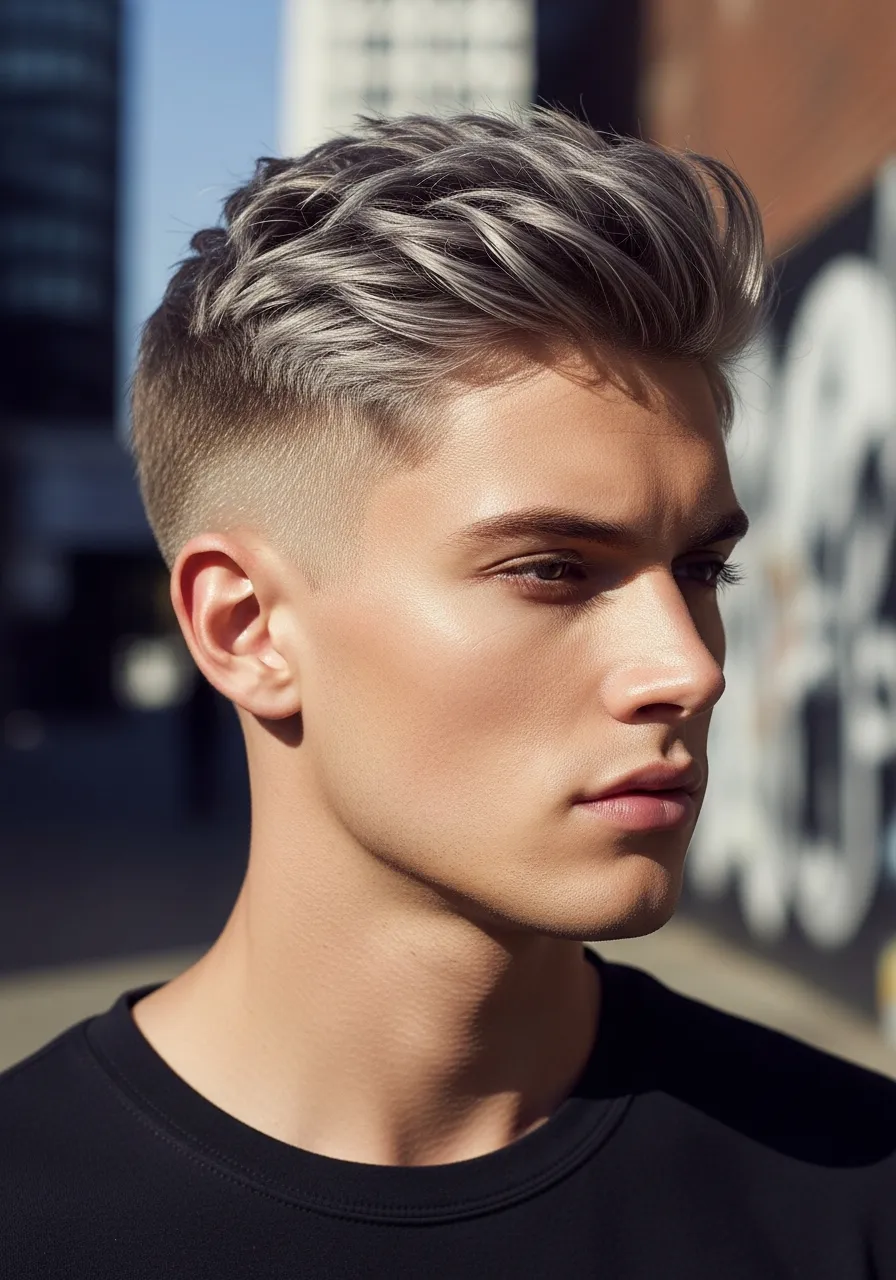 Ash grey fade hairstyle for men with clean modern finish