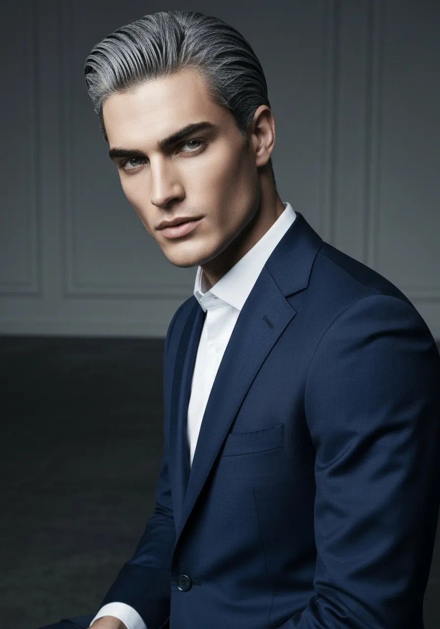 Graphite grey slick back hairstyle for men with polished look
