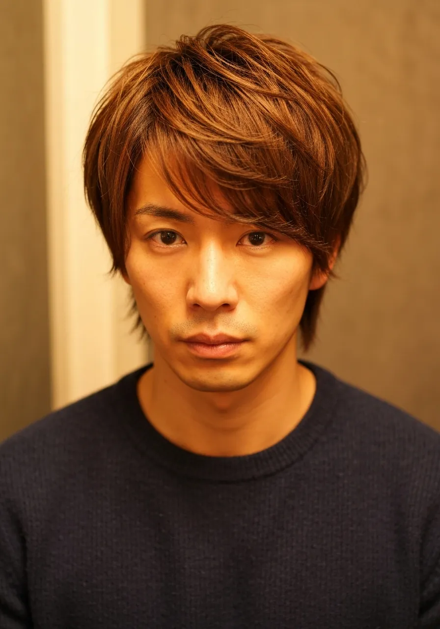 Warm chestnut layered hairstyle for men with natural depth