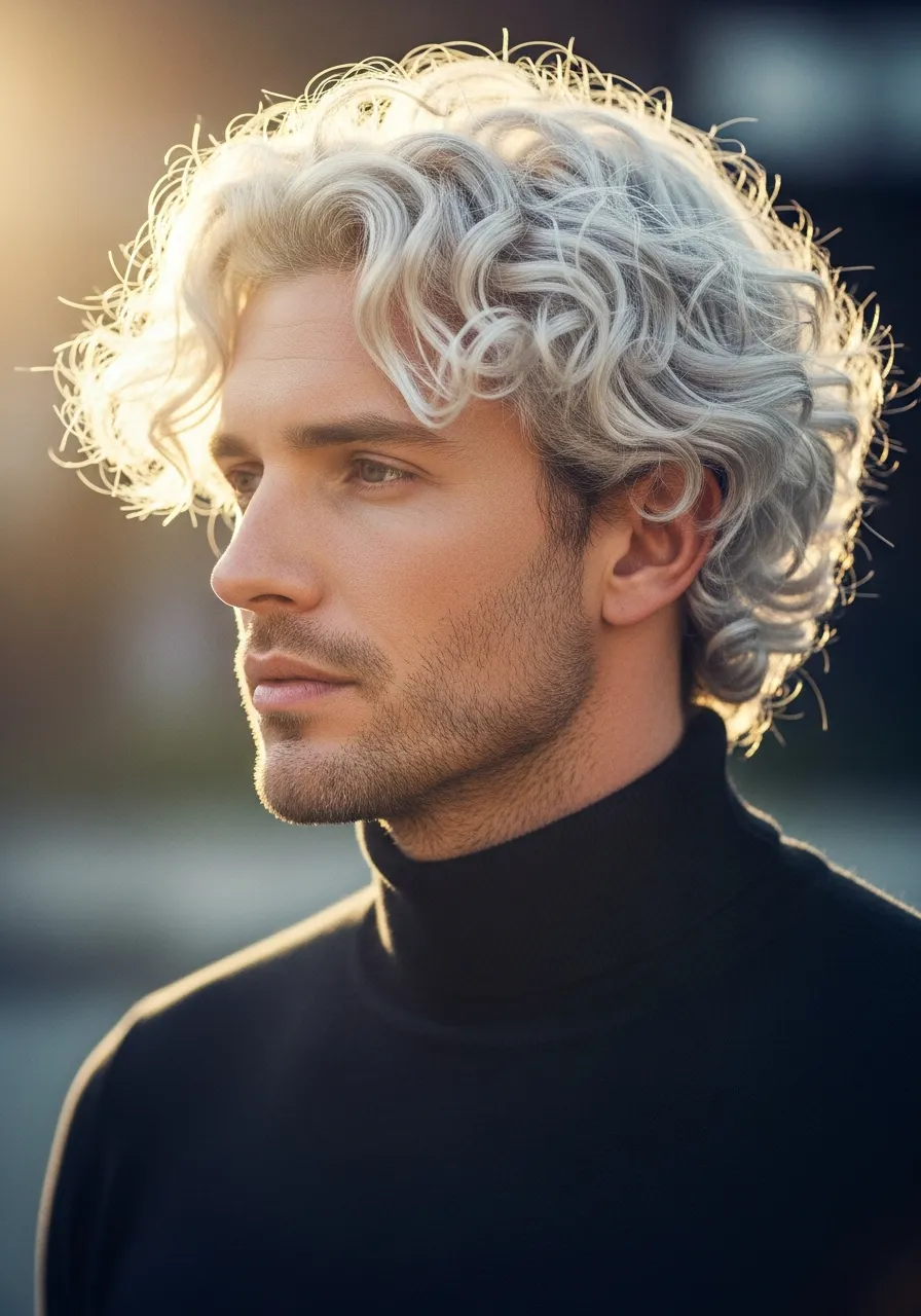 25 Stunning White Hair Looks for Men 17 White Curly Hair Look.