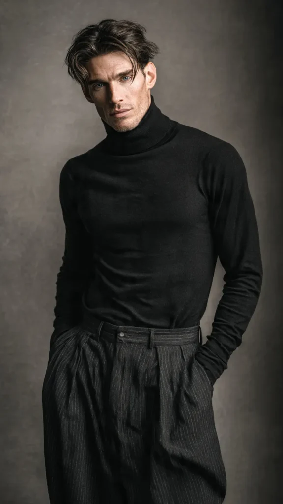 Black Turtleneck with Charcoal Pleated Pants