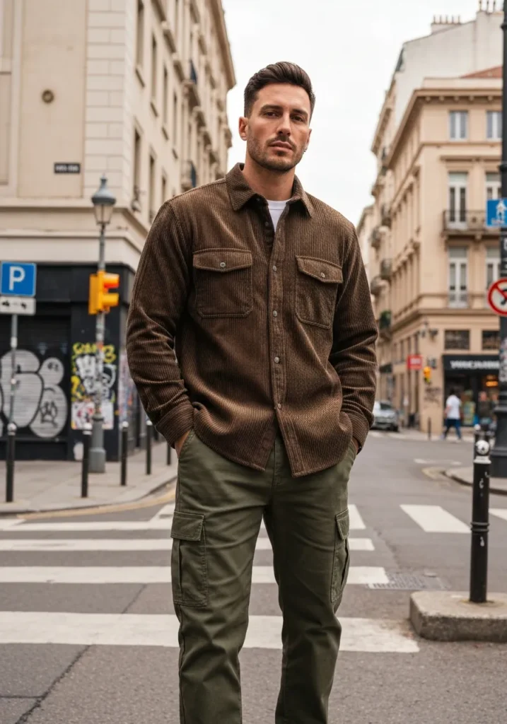 23 Trendy Corduroy Shirt Outfit Ideas 15 Corduroy Shirt with Cargo Pants