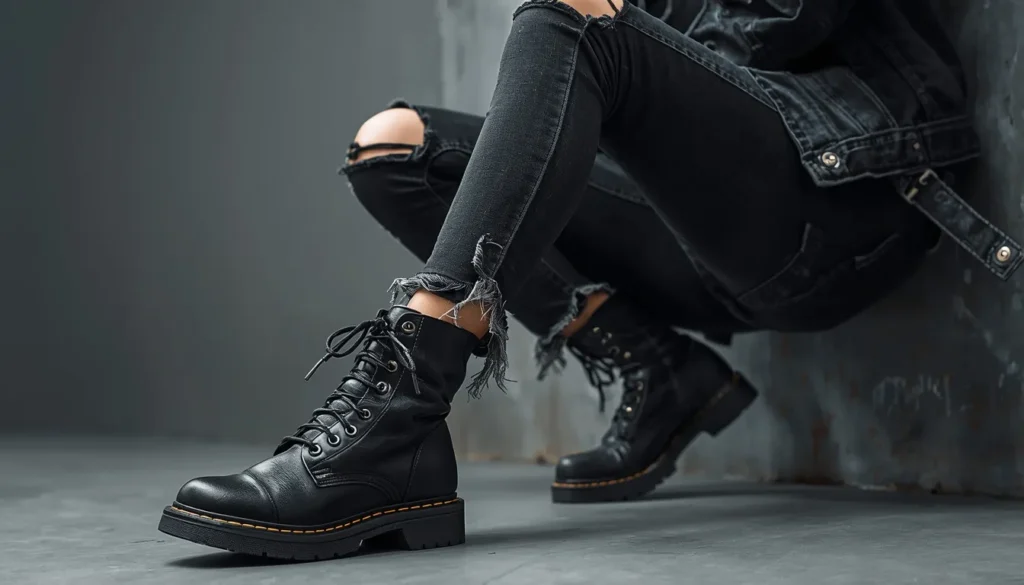 Distressed Black Denim and Combat Boots