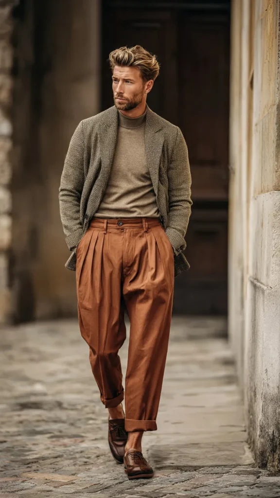 Earth-Tone Pleated Pants with Neutral Layers