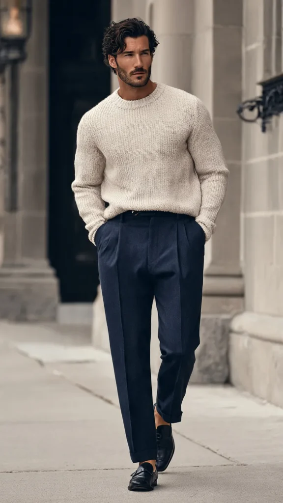 Knit Sweater with Navy Pleated Pants