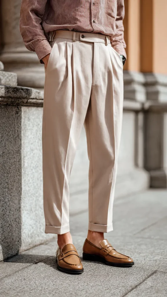 Leather Loafers with Cropped Pleated Pants