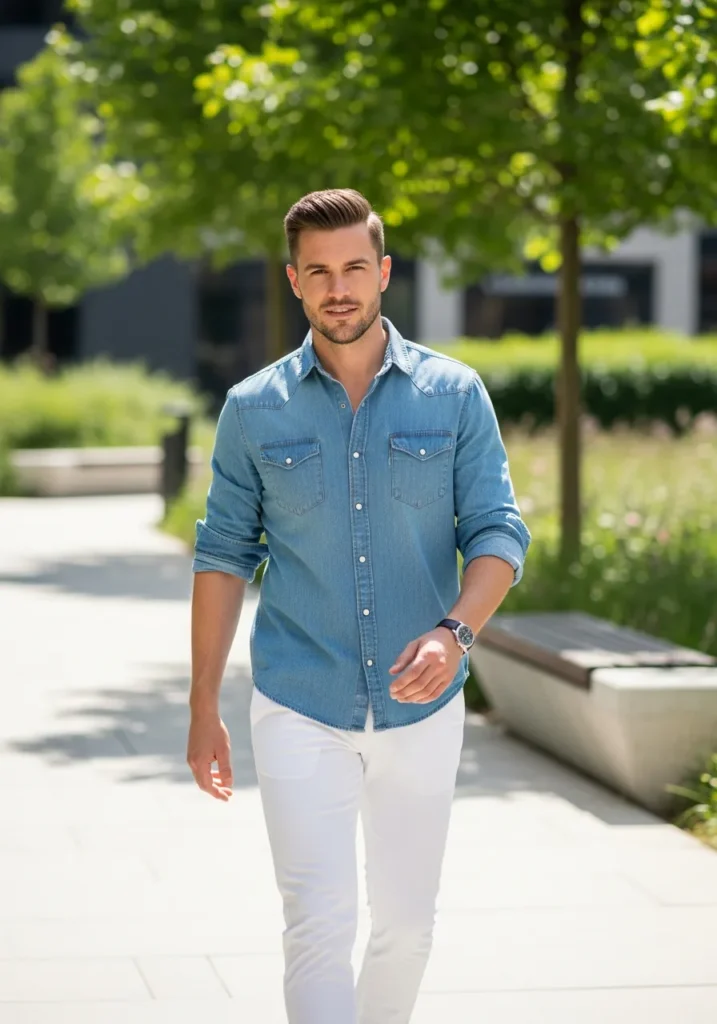 Light Blue Denim Shirt with White Pants