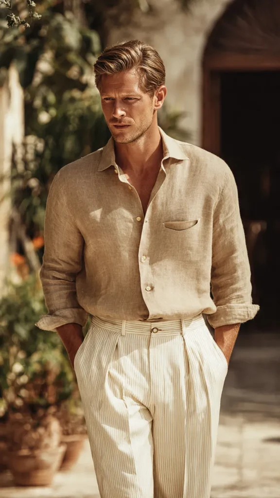 Linen Shirt with Cream Pleated Pants