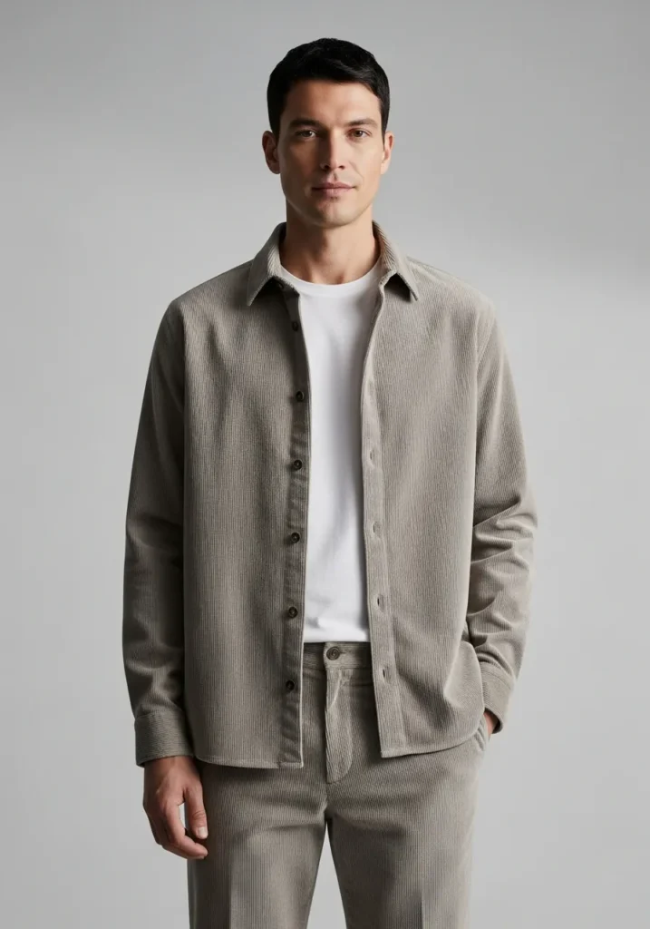 23 Trendy Corduroy Shirt Outfit Ideas 24 Minimal Corduroy Shirt with Neutral Outfit