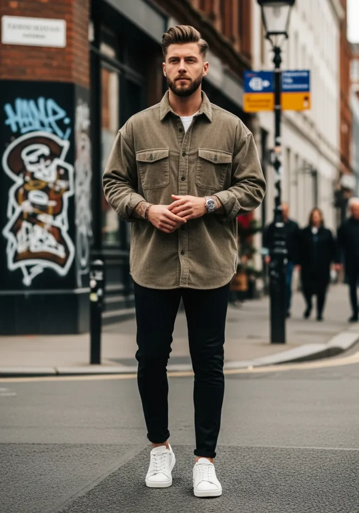 23 Trendy Corduroy Shirt Outfit Ideas 18 Oversized Corduroy Shirt with Slim Pants