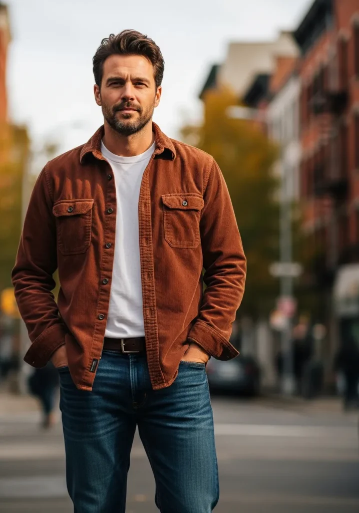 23 Trendy Corduroy Shirt Outfit Ideas 9 Rust Corduroy Shirt with Denim