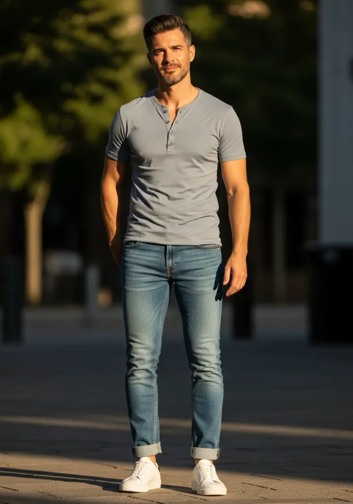 Short-Sleeve Henley with Slim Jeans