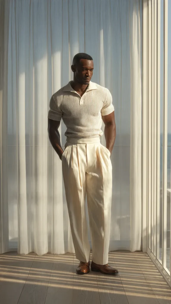 Short-Sleeve Knit Polo with Pleated Pants