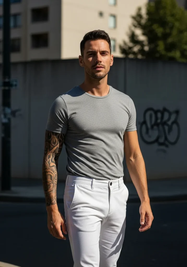 White Pants with Grey T-Shirt