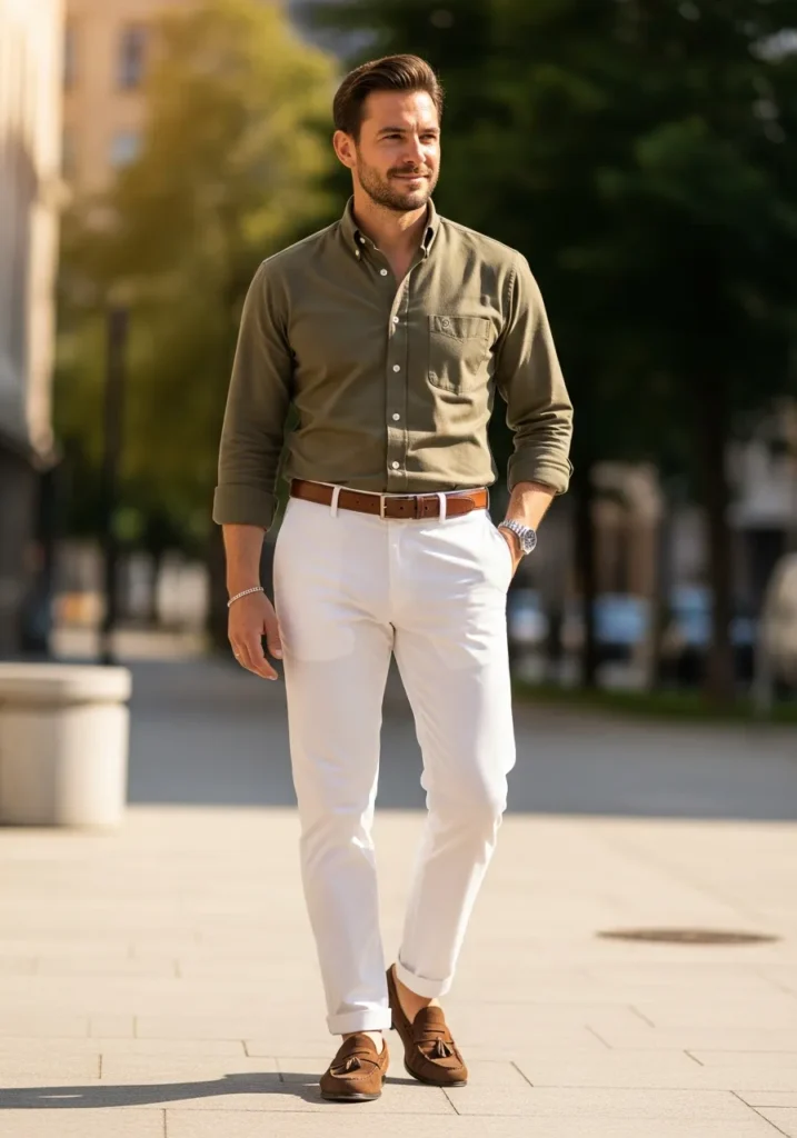 White Pants with Olive Green Shirt