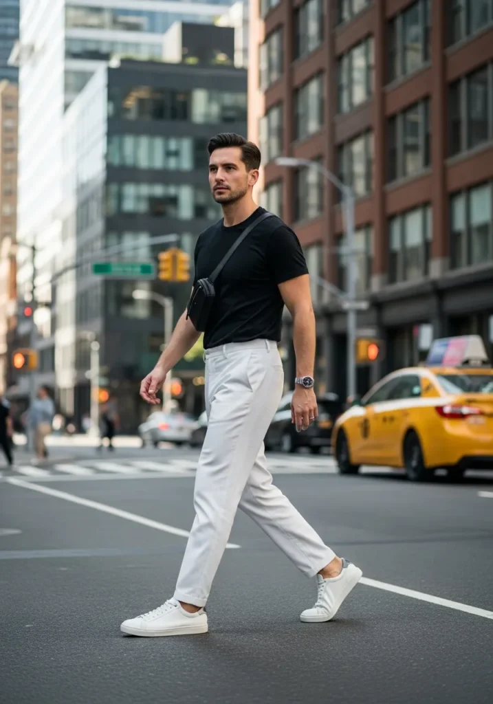 White Pants with Sneakers & Tucked Tee