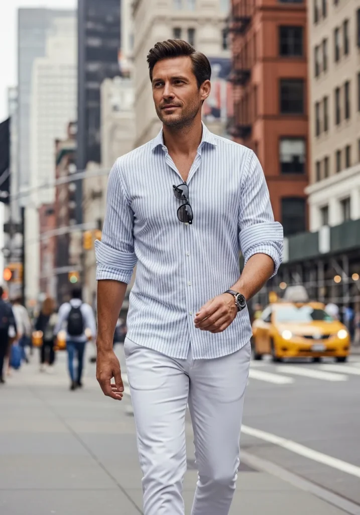 White Pants with Striped Shirt