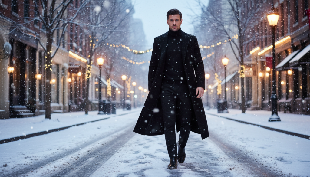 Winter Elegance in a Black Wool Overcoat