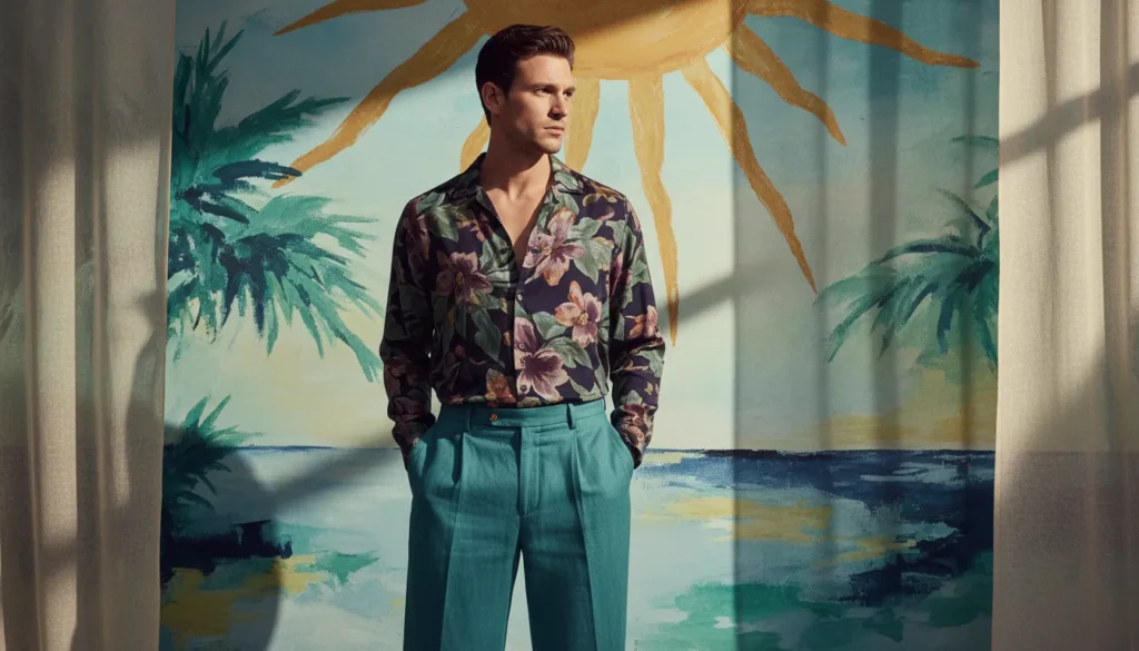 Right-click to download teal linen and floral print shirt