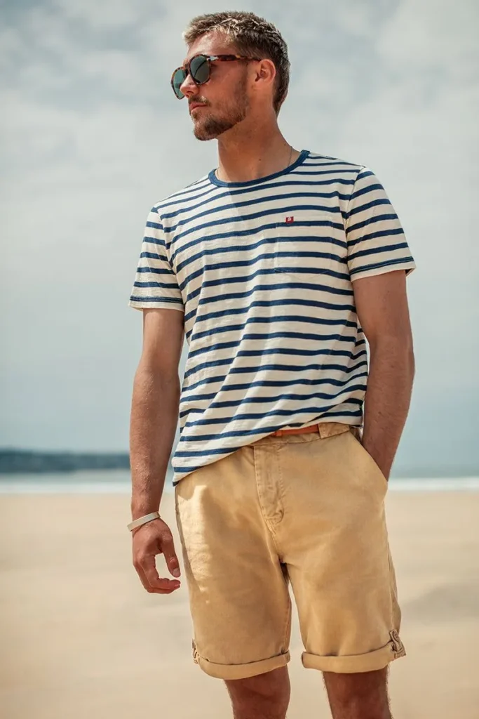 24 Men’s Pool Party Outfit Ideas 10 Breton Stripe T-Shirt with Chino Shorts