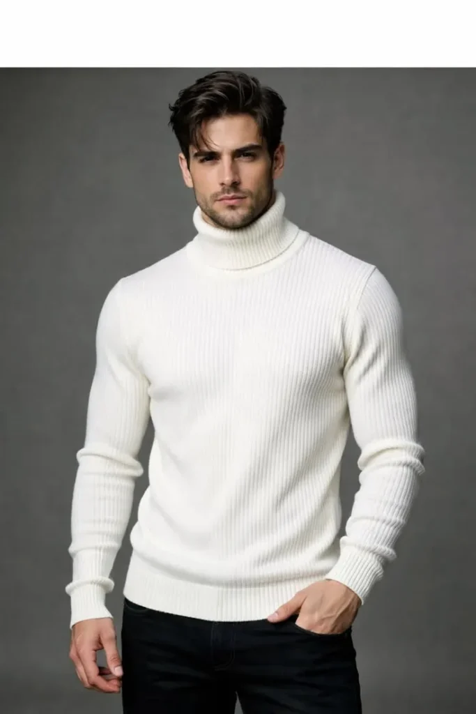 Mens Premium White Ribbed Turtleneck Sweater – Slim Fit Winter Essential