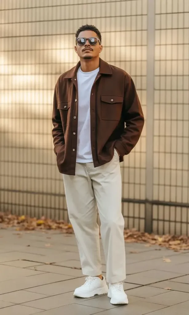 Mens Street Style 👕 Dark Shacket Beige Chinos Outfit ✨