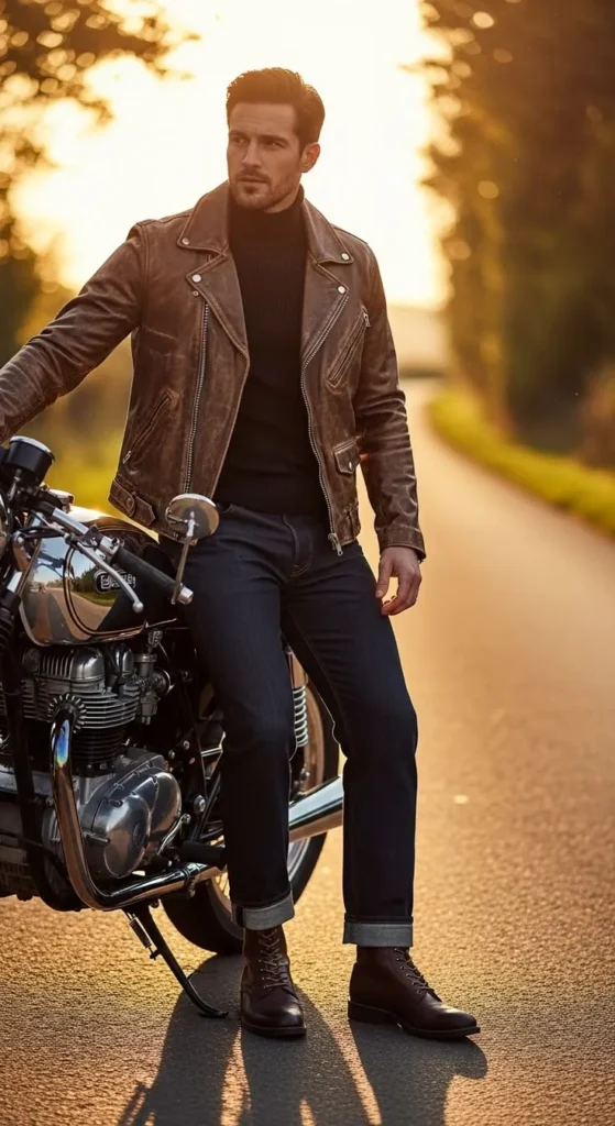 20 Date Night Outfit Ideas for Men 3 Rugged Sophistication with a Leather Biker Jacket