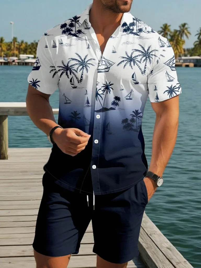 24 Men’s Pool Party Outfit Ideas 17 Tie-Dye Shirt with Navy Board Shorts